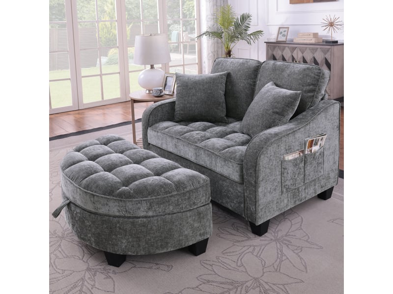 Canapé convertible 1 place, lit d’appoint 1 personne, 132x129x93 cm, canapé-lit 2 en 1, pouf coffre, tissu chenille, bois d’eucalyptus, gris foncé - Conforama E