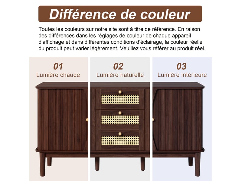  Buffet bas 141x40x77 cm, 3 tiroirs en rotin, 2 portes coulissantes, tablettes réglables, mdf, coloris noyer  - Conforama E