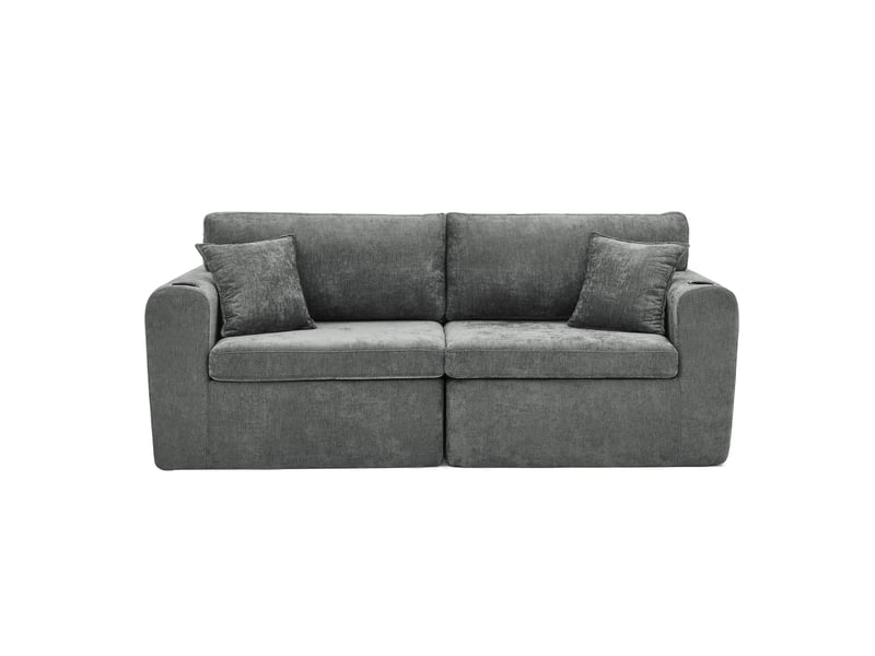  Canapé relax 2 places gris en chenille 220 × 100 × 89 cm, poche latérale, porte-gobelet, coussins et recharge usb  - Conforama A