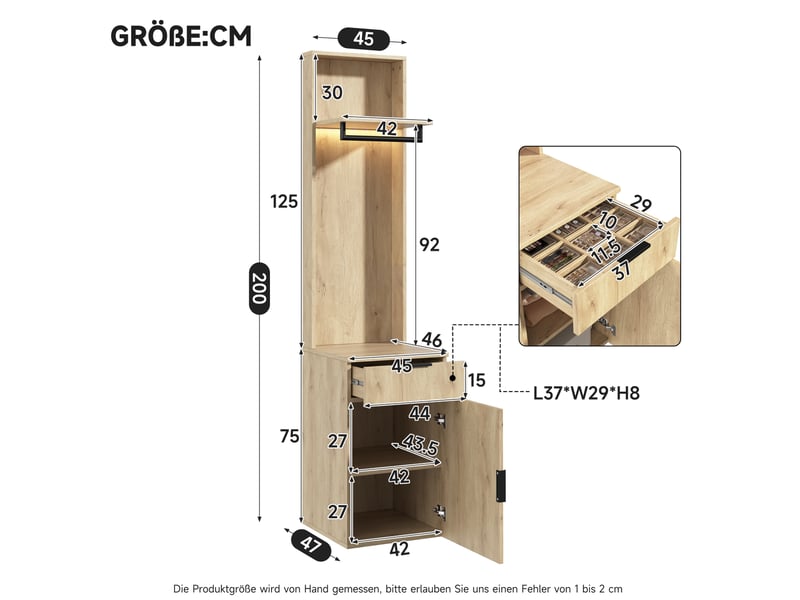  Garde-robe d'entrée 45x47x200 cm avec éclairage led et tiroir à bijoux mdf couleur bois clair  - Conforama C