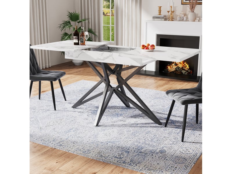  Ensemble table et chaises table extensible et 4 chaises, plateau effet marbre, en mdf et métal blanc  - Conforama C