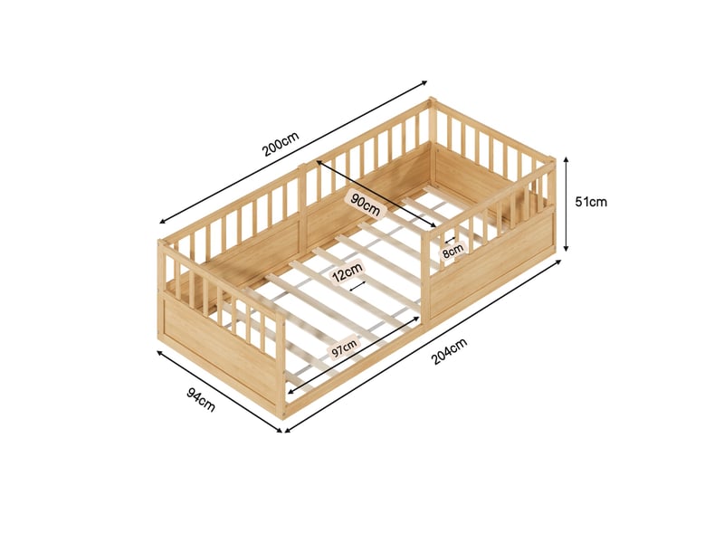  Lit enfant 90x200 cm-lit  au sol 90x200 cm - avec barrières de sécurité et sommier à lattes- bois de pin- naturel  - Conforama C