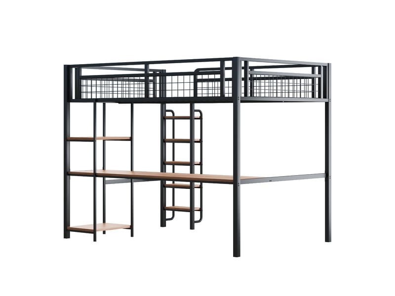  Lit mezzanine enfant 140x200 cm avec table, étagère, garde-corps, escalier, sommier, métal noir, sans matelas  - Conforama E