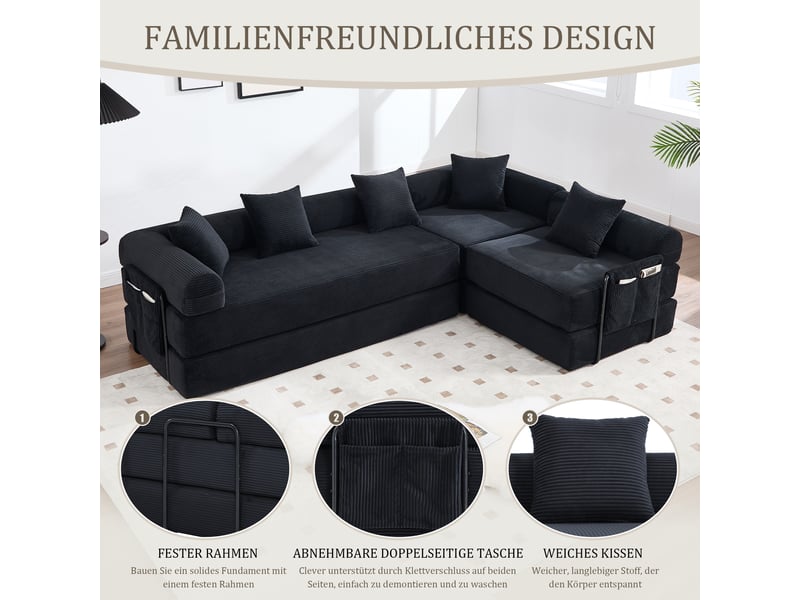 Canapé modulable 3 places avec rangement intégré et coussins séparés, revêtement en velours côtelé noir, dimensions 270x180 cm - Conforama E
