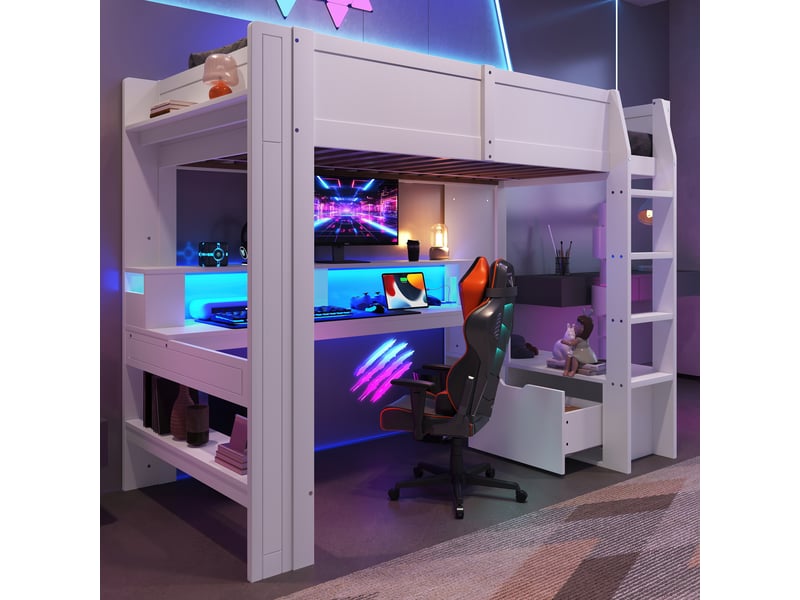  Lit mezzanine, 90 × 200 cm, blanc, tiroirs, gaming, bureau, led, étagères, sans matelas, pin et mdf, led 16 couleurs  - Conforama D