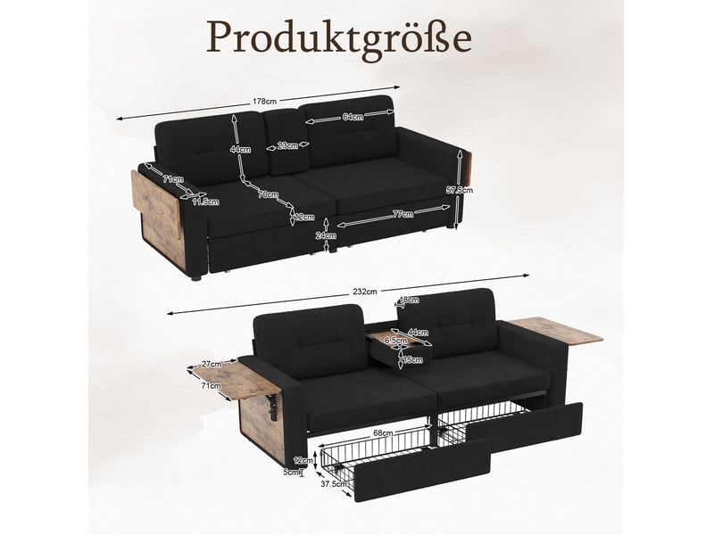 Canapé 2 places 178x71x57,5 cm tablettes réglables et rangements noir - Conforama E
