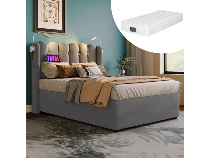  Lit enfant 90 × 200 cm 1 place avec coffre, usb, lampe de lecture et matelas inclus, en velours gris  - Conforama B