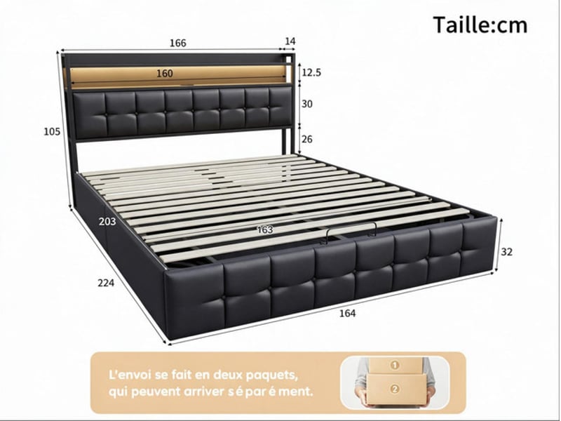  Lit coffre 160x200 cm ezssw, coloris noir  - Conforama C