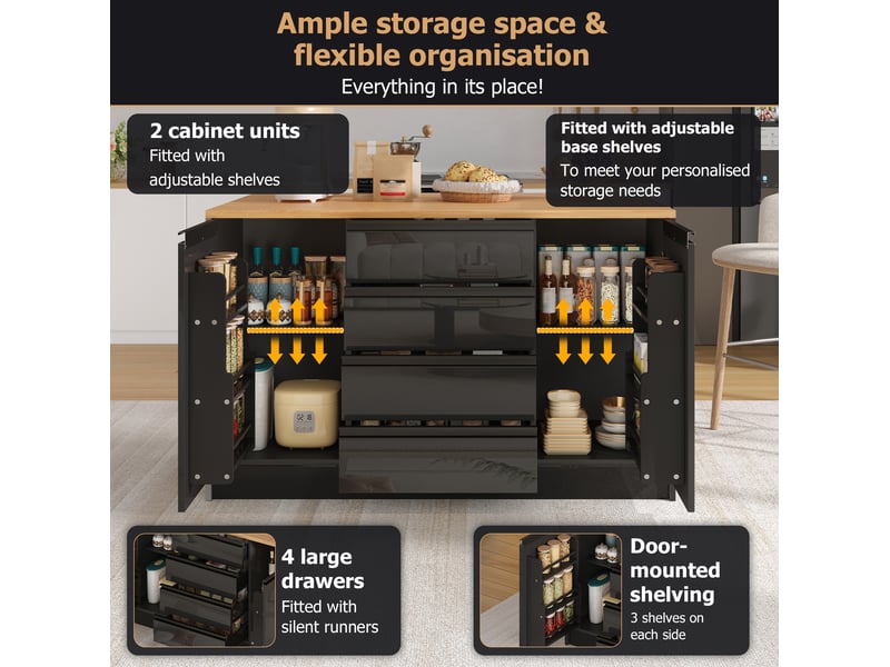  Îlot de cuisine avec 4 tiroirs, 2 placards et plateau extensible, finition brillante, noir et bois, 140 × 80 × 90 cm  - Conforama E