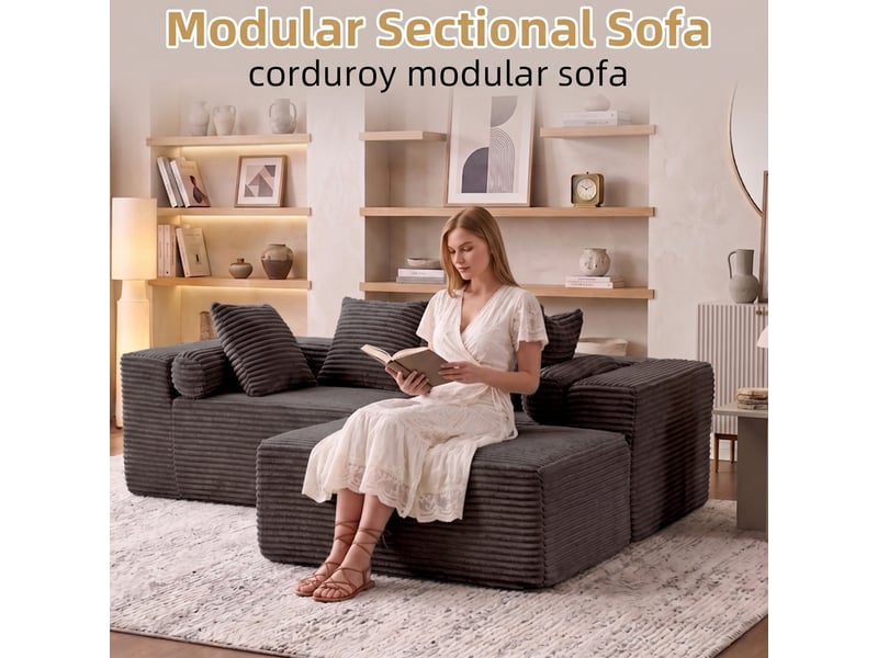 Canapé d’angle modulable,266x110x60,01 cm,3 places avec méridienne,chenille,noir - Conforama E