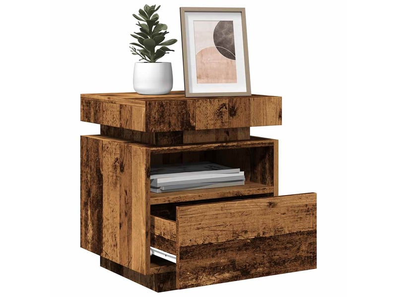Lot de 2 tables de chevet - cabinet de chevet - table de nuit et lumières led vieux bois 40x39x48,5cm - Conforama C