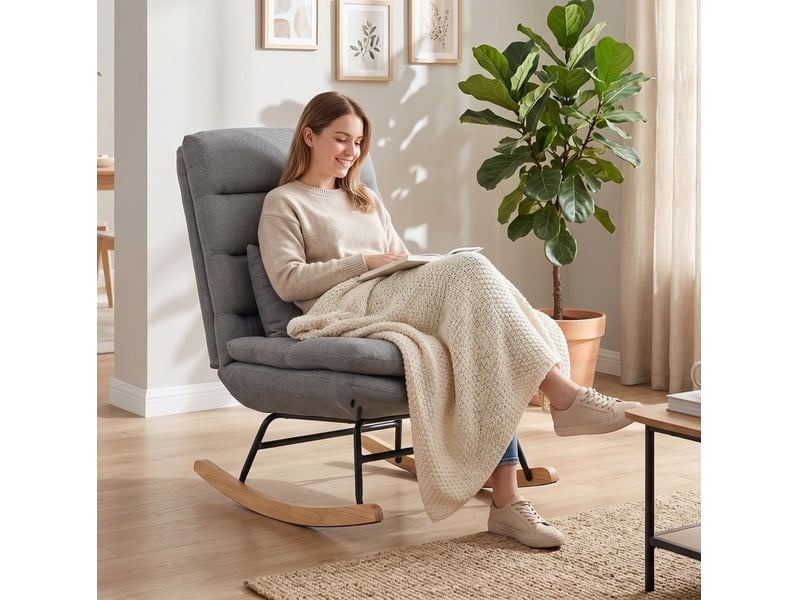  Fauteuil à bascule à dossier haut avec coussin lombaire et assise large, en tissu aspect lin gris clair  - Conforama C