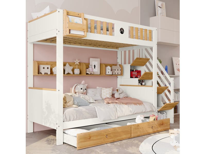  Lit superposé enfant 90x200 cm avec escalier de rangement, blanc et naturel  - Conforama B