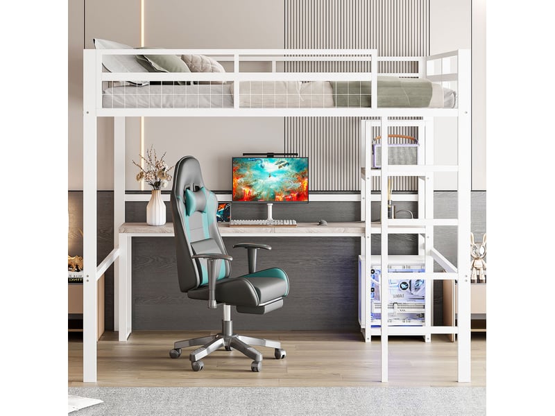  Lit mezzanine 140 x 200 cm en métal avec bureau, étagères, usb-c, blanc  - Conforama E