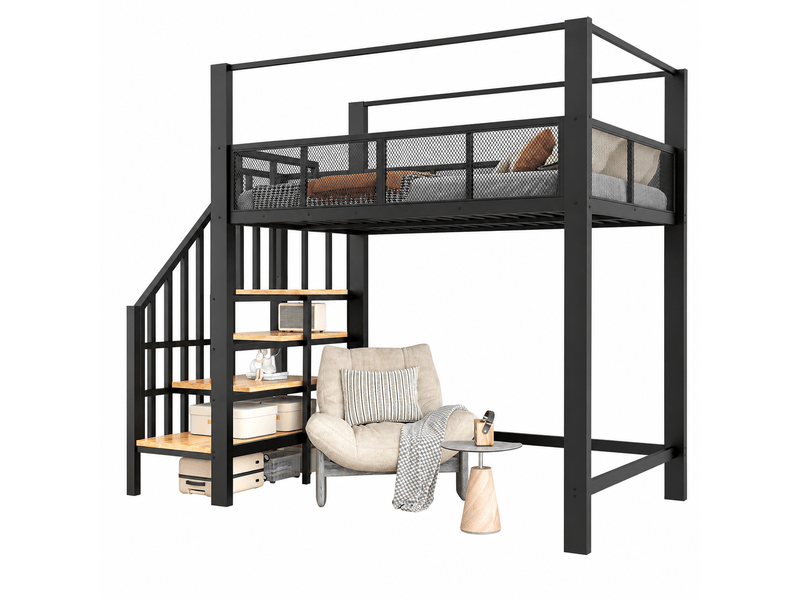  Lit mezzanine 1 place 90 x 200 cm en métal noir avec baldaquin, escalier sécurisé à rangements, garde-corps en maille et espace libre sous le lit  - Conforama A