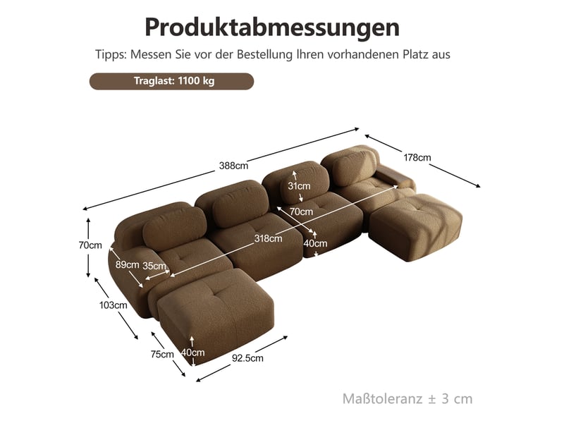  Canapé modulaire en u 4 places sans montage en velours côtelé marron  - Conforama E