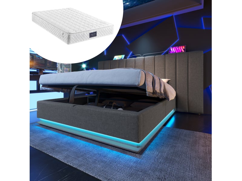  Lit coffre 160 × 200 cm 2 places avec rangement, led réglable, usb-c et 3 usb, sans matelas, en lin gris  - Conforama C