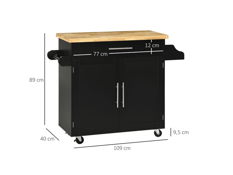  Desserte de cuisine 109 x 40 x 89 cm noire en bois, avec plan de travail, tiroir, placard et roulettes  - Conforama C
