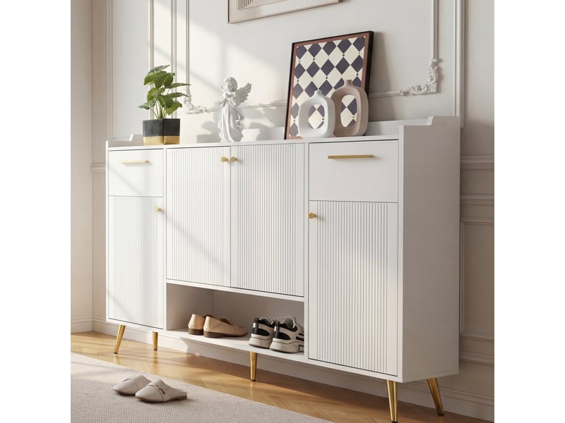  Meuble à chaussures - avec rangement - avec tiroirs - avec portes - structure robuste - panneaux de particules - blanc 130x37x100cm - Conforama A