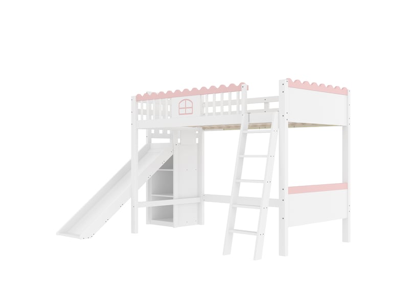  Lit mezzanine enfant avec led, étagères et toboggan, blanc, 90x200 cm  - Conforama E