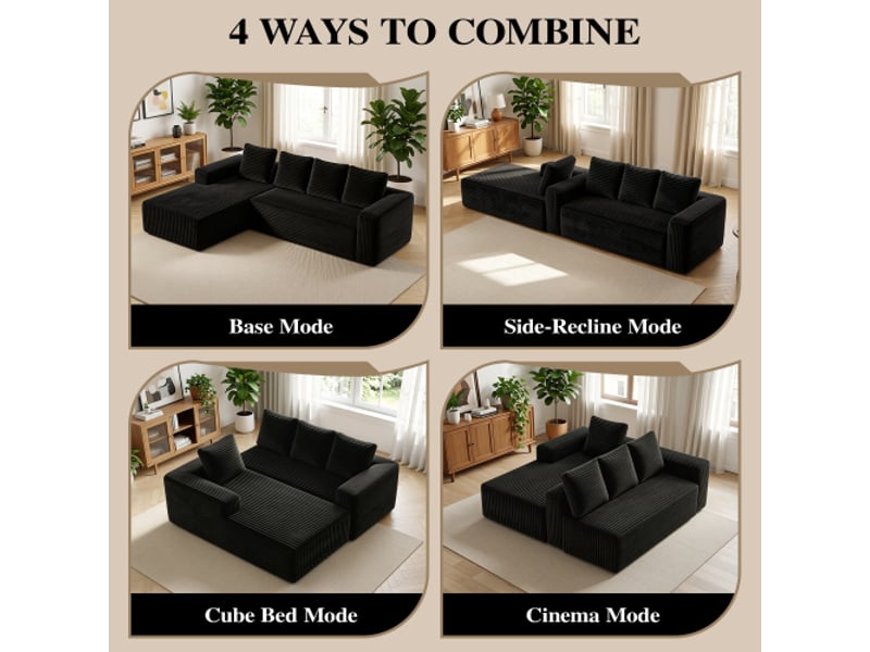  Canapé d'angle modulable 261 cm avec méridienne-assise profonde style cloud-en velours côtelé-noir  - Conforama D