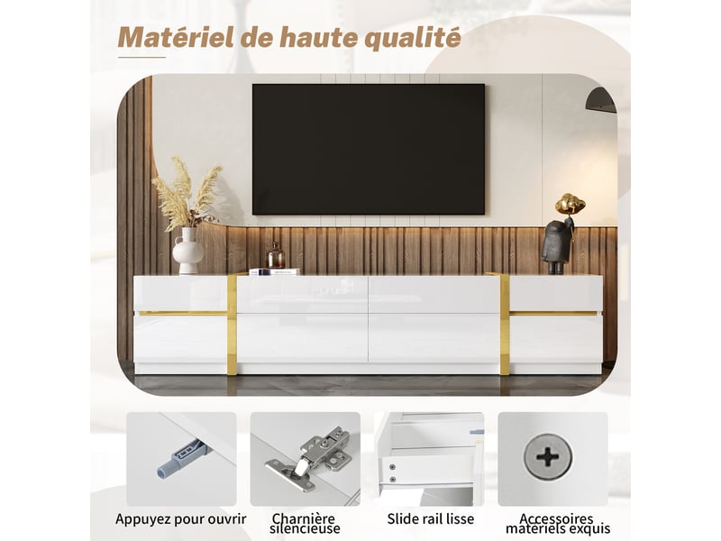  Meuble tv avec 4 tiroirs et 2 portes pour salon 180×40×38 cm en mdf et panneaux de particules blanc  - Conforama D