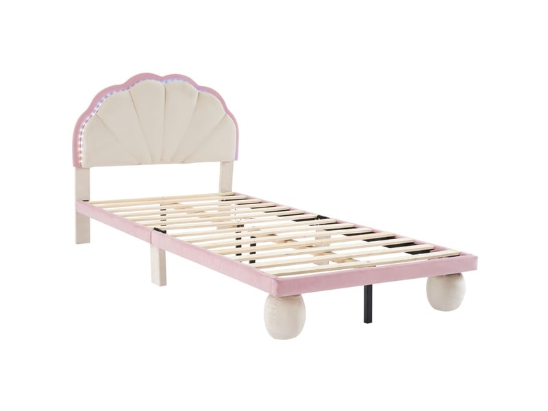  Lit capitonné enfant 90x200cm avec led multicolores, tête de lit festonnée velours, pieds ronds rembourrés, sommier inclus, rose et beige  - Conforama D