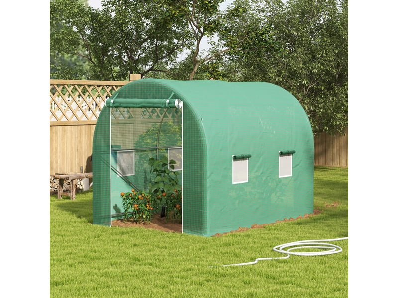  Serre de jardin tunnel surface sol 6 m² châssis tubulaire renforcé porte zippée 4 fenêtres enroulables vert  - Conforama D