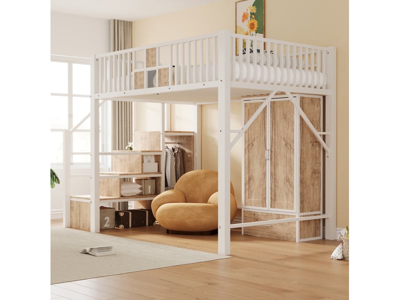  Lit mezzanine 140x200 cm, lit enfant armoire, escalier, tiroir, penderie, structure métal bois, blanc, sans matelas  - Conforama B
