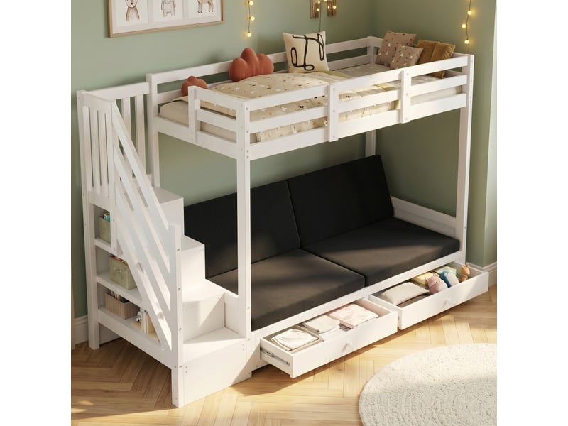  Lit superposé enfant 90x200 multifonction avec canapé et escalier de rangement - bois massif blanc  - Conforama E