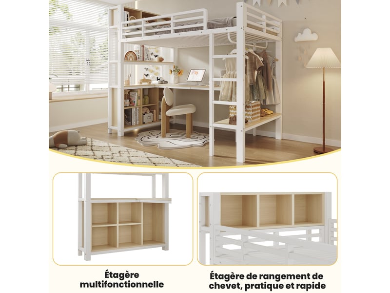 Lit mezzanine 90x200 avec bureau, penderie et étagères, lit surélevé métal blanc pour enfant et adolescent, sans matelas - Conforama D