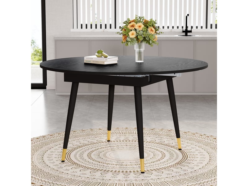  Table à rallonges, extensible, plateau en mdf rehaussé de touches dorées, noir  - Conforama D