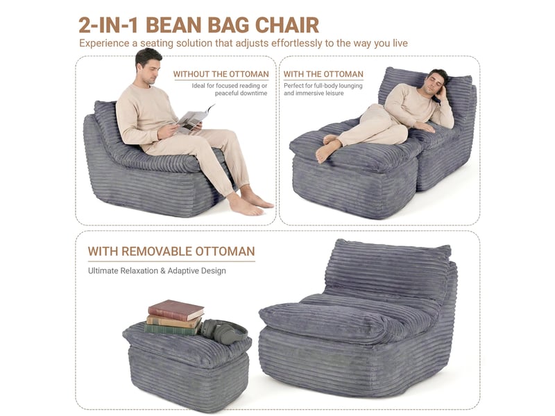 Fauteuil relax sans cadre et sans montage, design ergonomique avec repose-pieds, mousse mémoire haute densité pour un confort optimal, idéal pour le salon, la chambre, le bureau ou l’appartement,gris - Conforama C