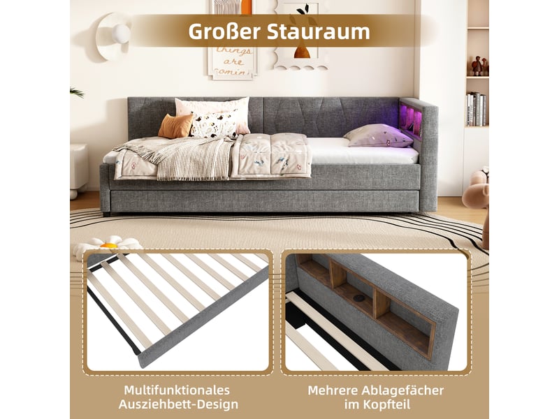  Lit gigogne 90x200 banquette lit en lin gris avec rangement, port usb et éclairage led  - Conforama D