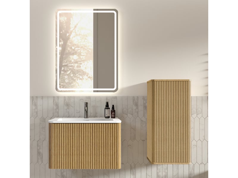  Meuble sous vasque avec miroir led, meuble mural et colonne, salle de bain, mdf, verre, chêne et blanc  - Conforama B