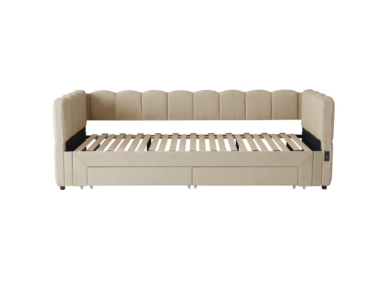 Lit banquette extensible 90 × 200 à 180 × 200 cm, 2 tiroirs, chenille beige IKSETERA TRADING LTD - Conforama W