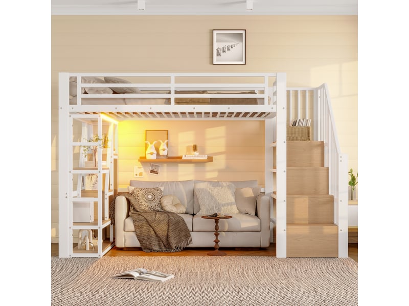  Lit surélevé 90 x 200 cm blanc, led, marches intégrées, garde-corps, échelle, sans matelas, métal et mdf  - Conforama D
