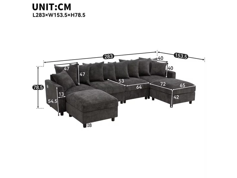  Canapé d'angle modulaire 6 places en u ou l avec 2 poufs, ports usb et type c, chenille gaufrée grise  - Conforama C