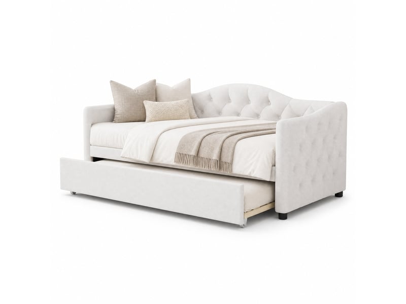  Lit gigogne, 90x200 cm, lit tiroir pensé pour libérer de l’espace, style minimaliste moderne, lin et mdf, coloris beige  - Conforama A