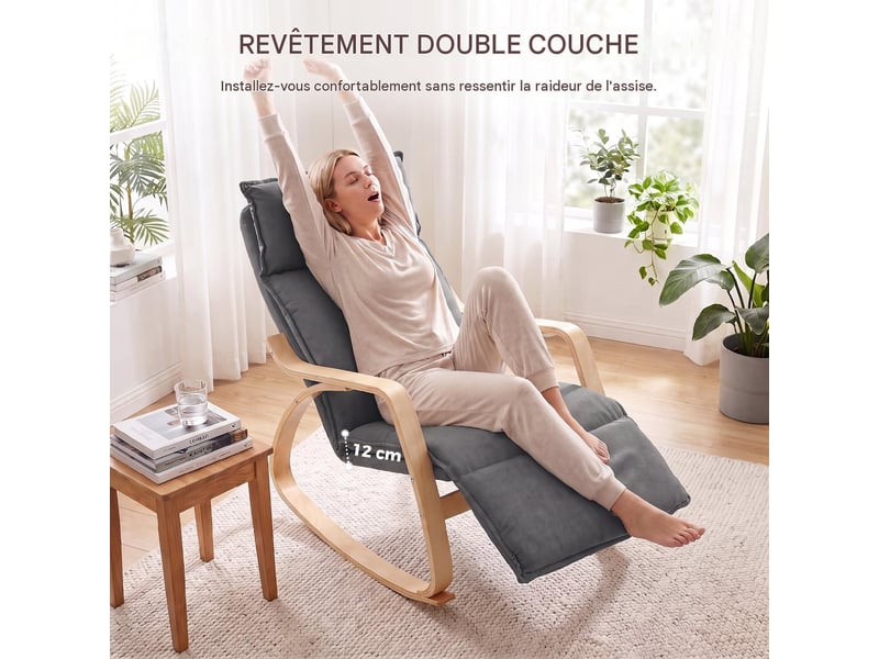  Fauteuil à bascule avec repose-pieds réglable tissu gris foncé 67 x 106 x 92 cm  - Conforama D
