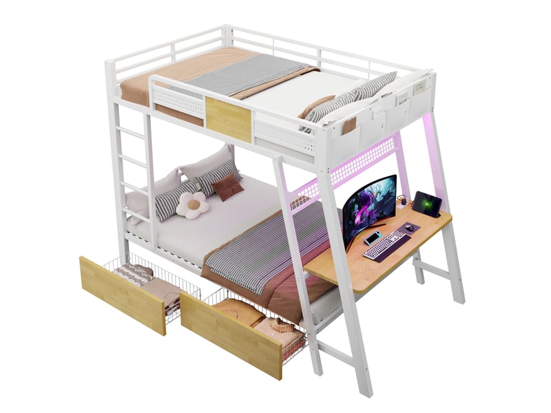  Lit superposé adolescent 2 places 90x200 cm - avec bureau, led, prises usb et type-c - rangement - métal blanc  - Conforama A