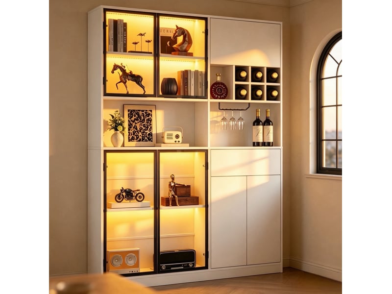  Vitrine blanche avec led, 7 portes et rangement à vin, 140 × 30 × 200 cm pour votre séjour et vos collections  - Conforama B