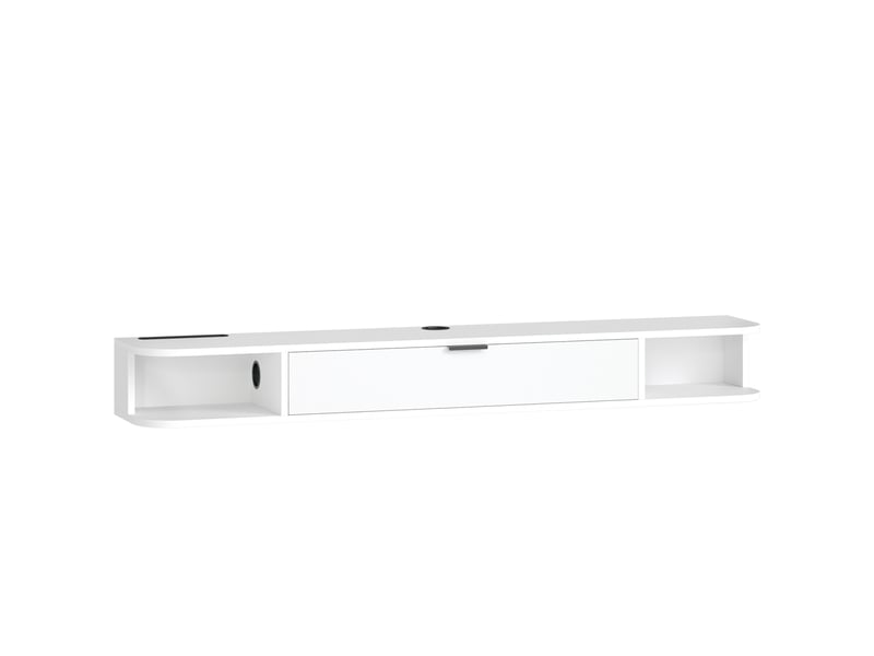  Meuble tv suspendu, meuble télé pour téléviseur jusqu'à 60 pouces, tiroir rabattable, 140x24x16cm, 2 étagères, blanc  - Conforama B