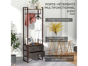 Portant à vêtements avec 3 tiroirs en tissu, 58,5 x 30 x 178 cm, étagères de rangement et tringle de suspension, marron