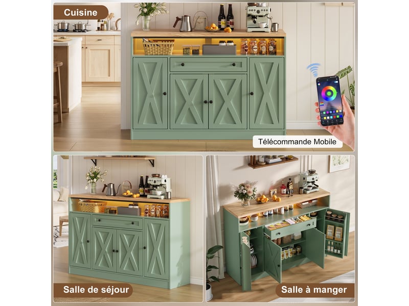  Meuble de cuisine muvano vert, buffet avec quatre portes, tiroir et led rgb, 140 × 35 × 95 cm  - Conforama B