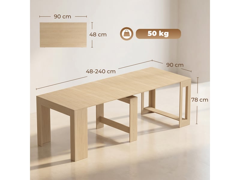 Table de salle à manger extensible pour petits espaces, transformable en console, 10 couverts, aspect bois brun clair - Conforama E