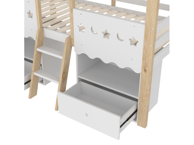 Lit mi-hauteur cabane enfant 90x200 cm 2 tiroirs led garde-corps échelle pin blanc naturel sans matelas  - Conforama E