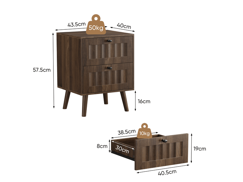  Table de chevet 43,5x40x57,5 cm, 2 tiroirs, design rétros, meuble chambre, style moderne, mdf aggloméré, couleur noyer  - Conforama C