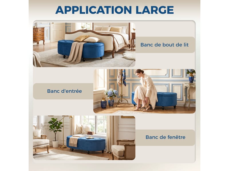  Pouf de rangement coffre 2 en 1 - pieds bois hévéa noir revêtement velours bleu - pouf capitonné demi-cercle  - Conforama W