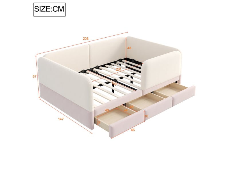  Lit rembourré enfant 140x200 cm avec barrière de sécurité tout autour, bords arrondis et grand tiroir, velours rose evarich - Conforama C